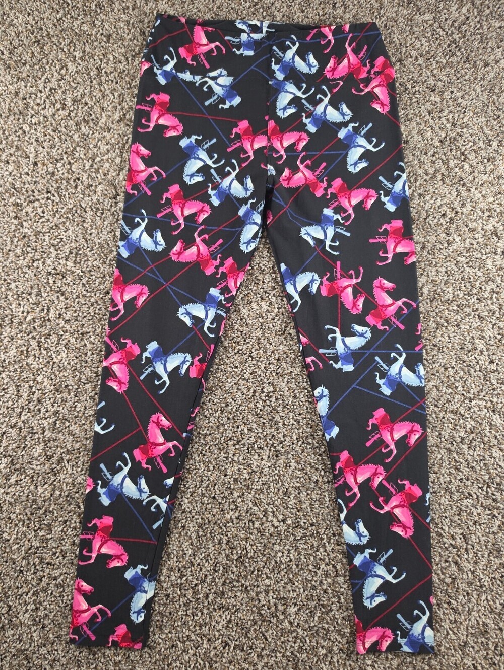 Lularoe Womens Sz TC Tall & Curvy Leggings Carousel Horse Print Black Pink Blue